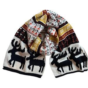 Long Chunky Knit Moose Fair Isle Winter Scarf Cotton Acrylic Soft Warm Cabincore